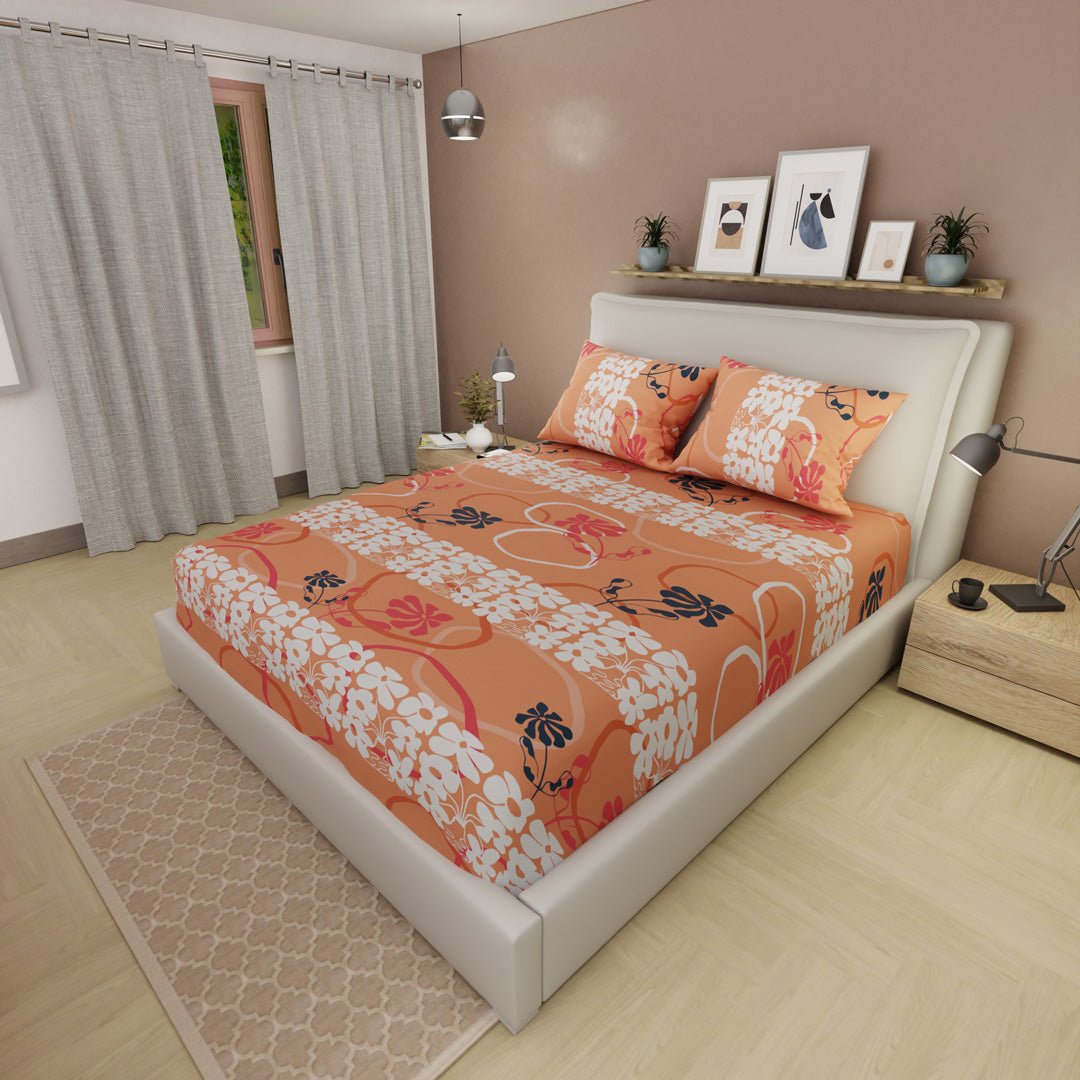 Sábana Ajustable Sueños Petalia Naranja para Cama Doble 140 X 190 Cm Flores - SABANAS | Bylmo