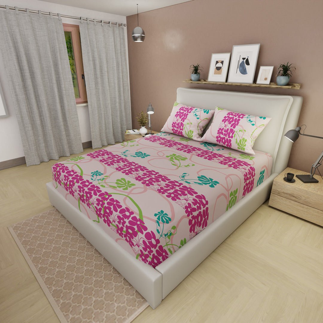 Sábana Ajustable Petalia Fucsia Rosado Claro y Fucsia para Cama Doble 140 X 190 Cm Flores - SABANAS | Bylmo