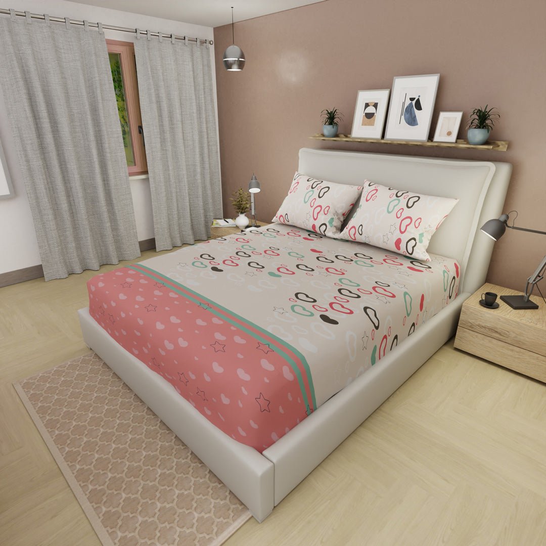 Sábana Ajustable Explosión de Amor Blanco Apagado y Rosado Claro para Cama Doble 140 X 190 Cm Corazones - SABANAS | Bylmo