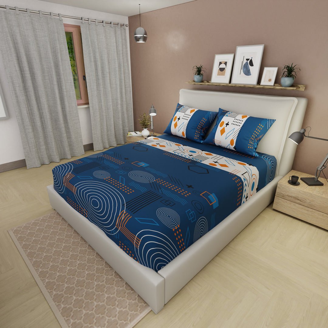 Sábana Ajustable Sueños Fusión Moderna Azul Oscuro y Blanco para Cama Queen 160 X 190 Cm Figuras - SABANAS | Bylmo