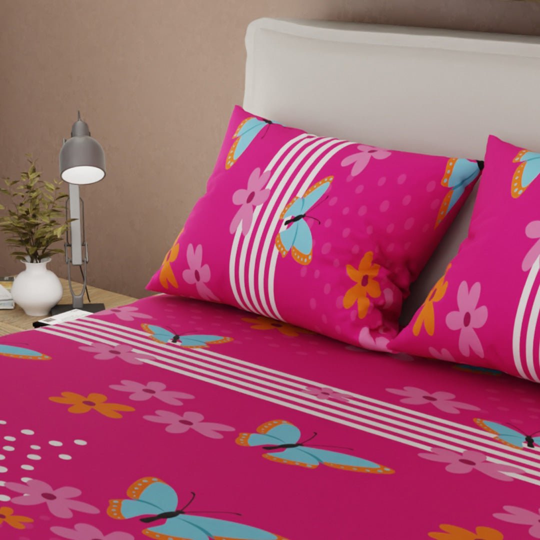 Sábana Ajustable Sueños Glow Fucsia para Cama Queen 160 X 190 Cm Flores Y Mariposas - SABANAS | Bylmo
