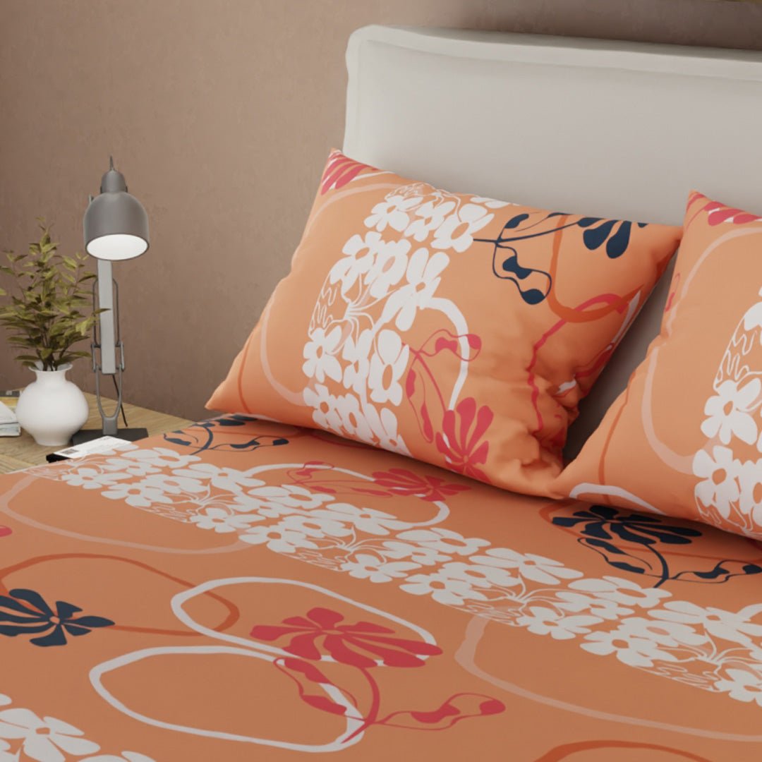 Sábana Ajustable Sueños Petalia Naranja y Blanco para Cama Sencilla 100 X 190 Cm Flores - SABANAS | Bylmo