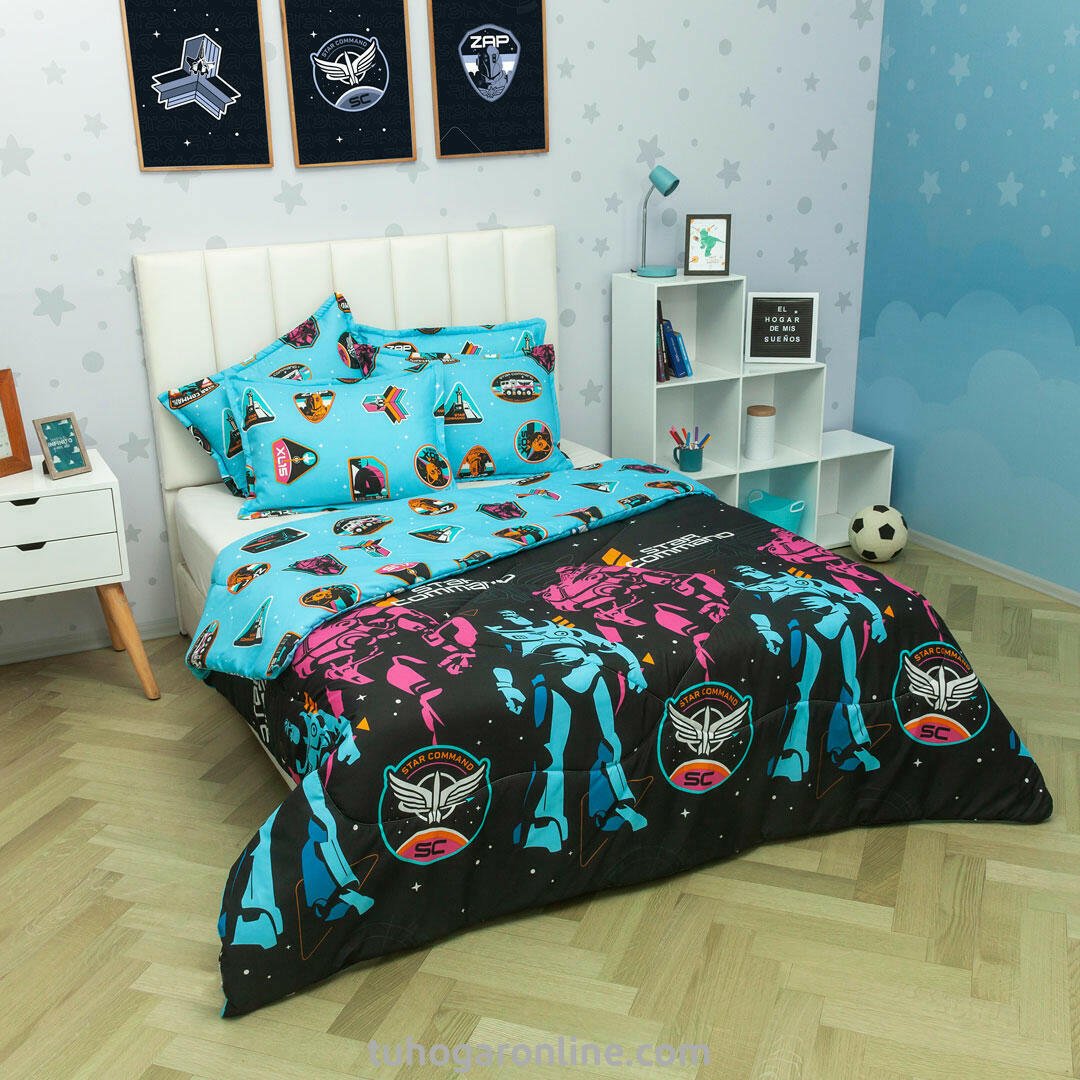 Cubrelecho Acolchado Negro y Azul Claro para Cama Sencilla 100 X 190 Cm de Buzz Lightyear - TENDIDOS Y CUBRELECHOS | Bylmo