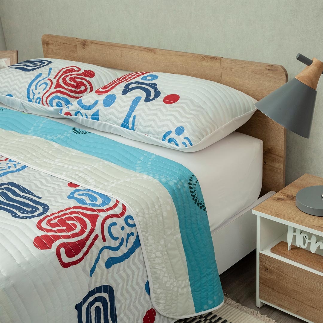 Cubrelecho Sendero Tribal Blanco y Azul para Cama Sencilla 100 X 190 Cm Prensado de Tribal - TENDIDOS Y CUBRELECHOS | Bylmo