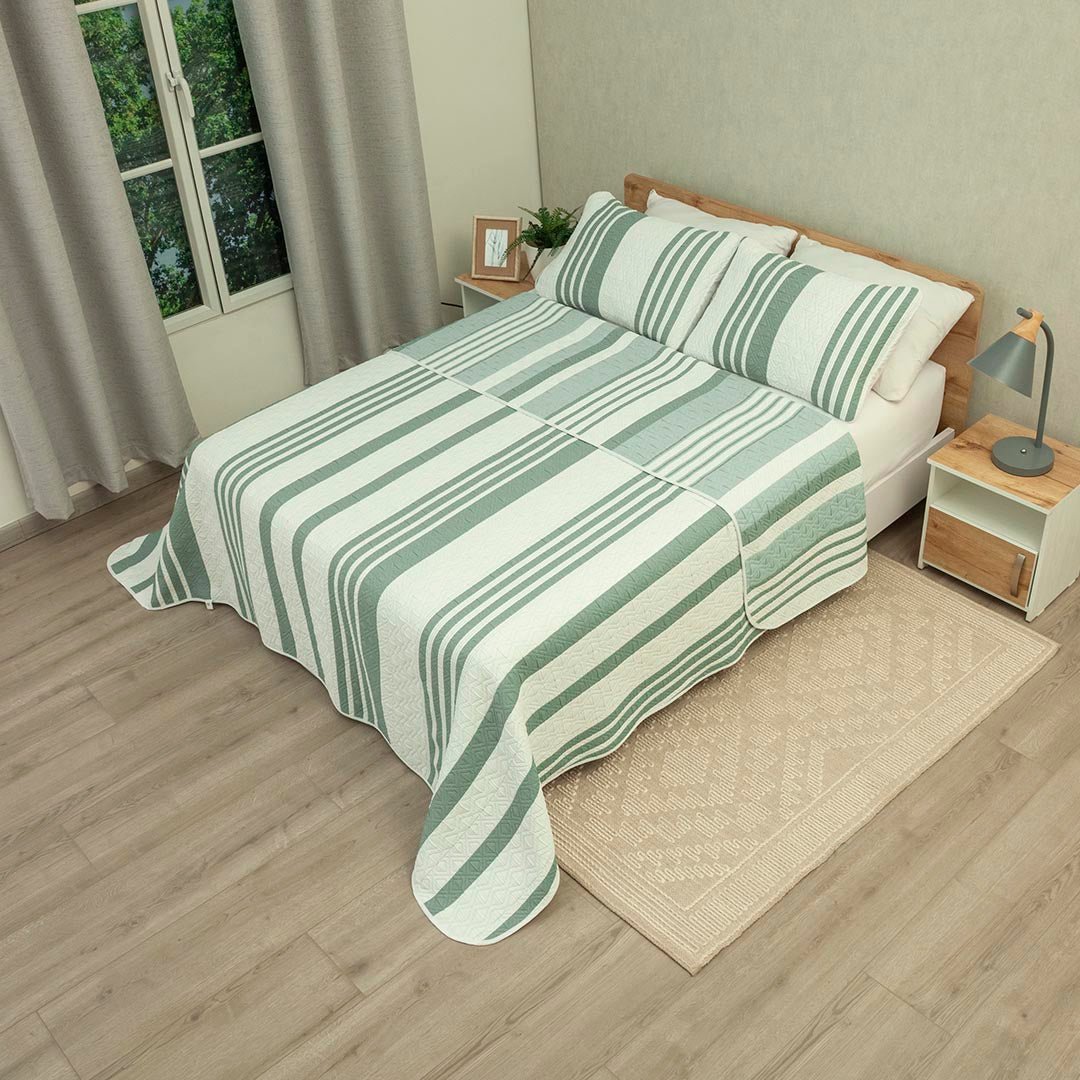 Cubrelecho Doble Faz Trama Verde y Blanco para Cama Doble 140 X 190 Cm Prensado de Lineas - TENDIDOS Y CUBRELECHOS | Bylmo