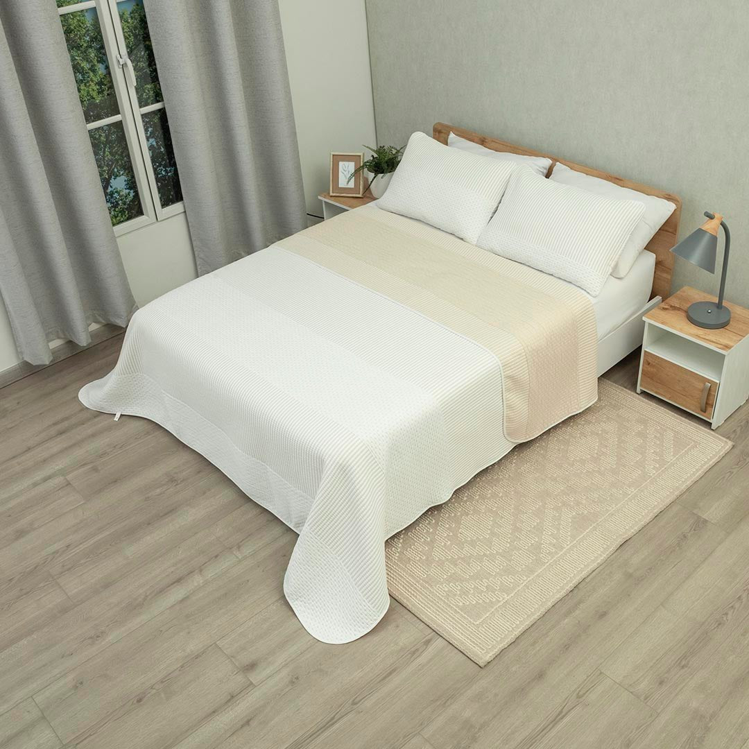 Cubrelecho Doble Faz Trama Arena y Blanco para Cama Doble 140 X 190 Cm Prensado Fondo Entero - TENDIDOS Y CUBRELECHOS | Bylmo