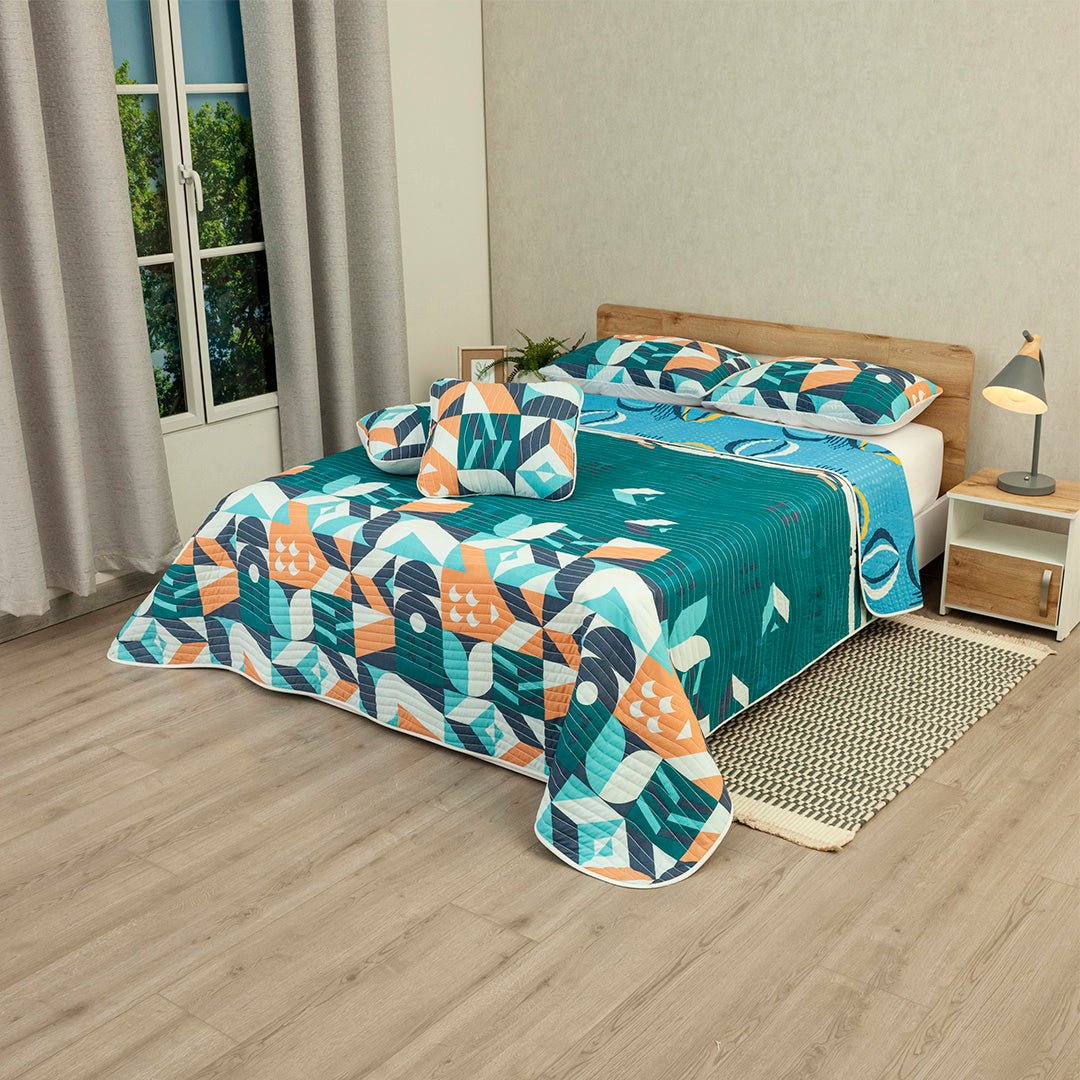 Cubrelecho Doble Faz Océano Tribal Verde Azul y Azul para Cama Semidoble 120 X 190 Cm Prensado de Tribal - TENDIDOS Y CUBRELECHOS | Bylmo