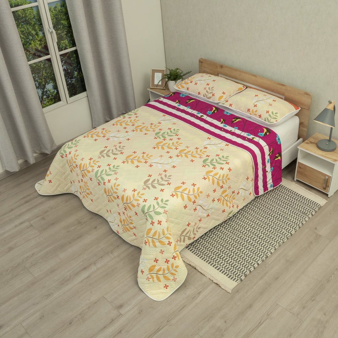 Cubrelecho Doble Faz Canto Tropical Fucsia y Beige Claro para Cama Doble 140 X 190 Cm Prensado de Hojas - TENDIDOS Y CUBRELECHOS | Bylmo