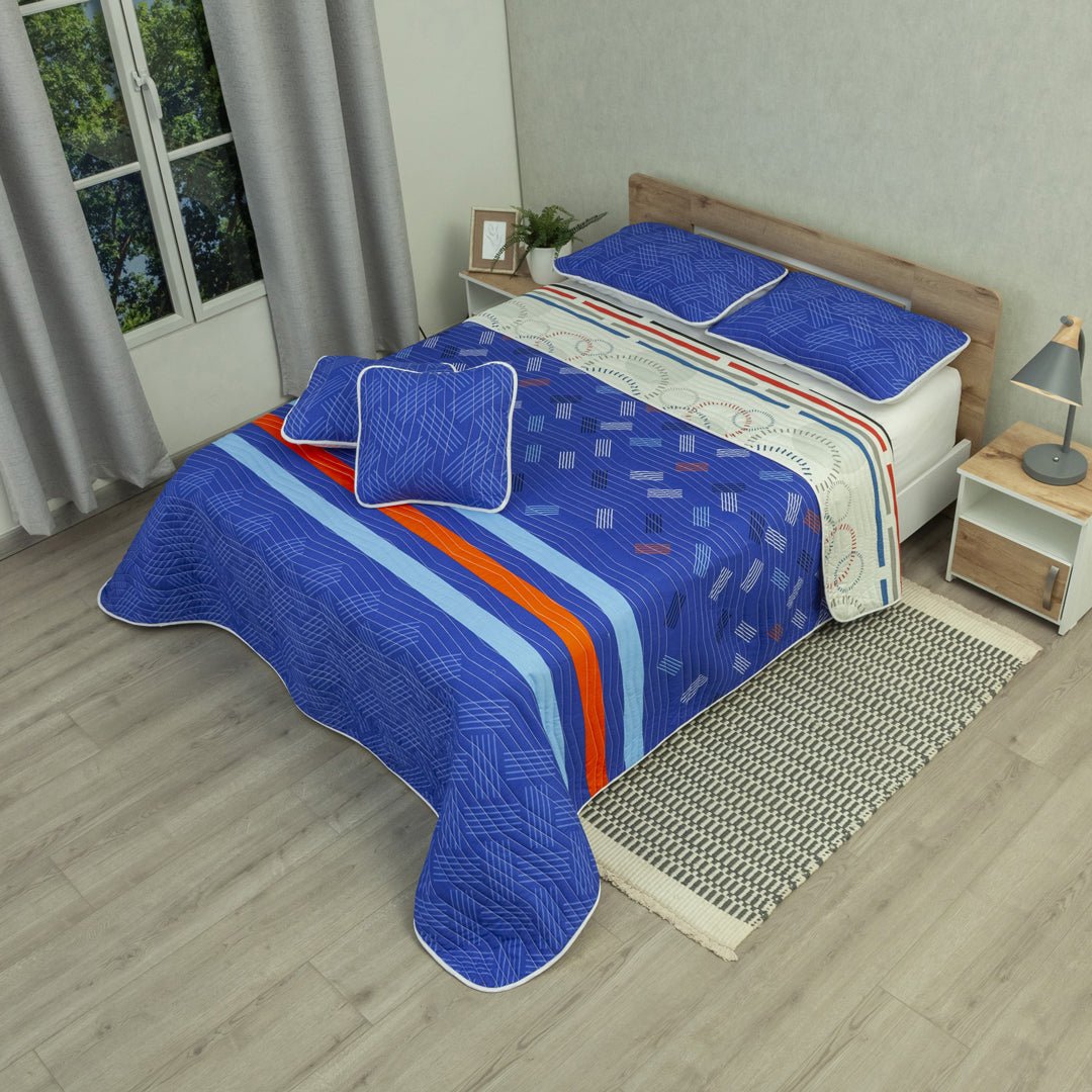 Cubrelecho City Code Blanco y Azul para Cama Doble 140 X 190 Cm Prensado de Lineas Y Circulos - TENDIDOS Y CUBRELECHOS | Bylmo