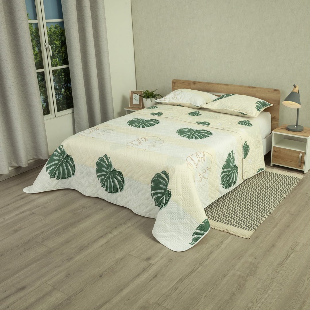 Cubrelecho Doble Faz Style Eco Hojas Blanco y Verde para Cama Doble 140 X 190 Cm de Hojas - TENDIDOS Y CUBRELECHOS | Bylmo