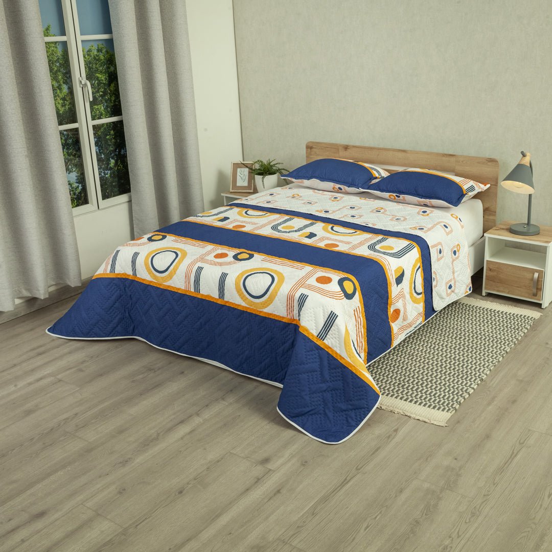 Cubrelecho Doble Faz Style Órbita Blanco y Azul Oscuro para Cama Doble 140 X 190 Cm de Lineas Y Puntos - TENDIDOS Y CUBRELECHOS | Bylmo