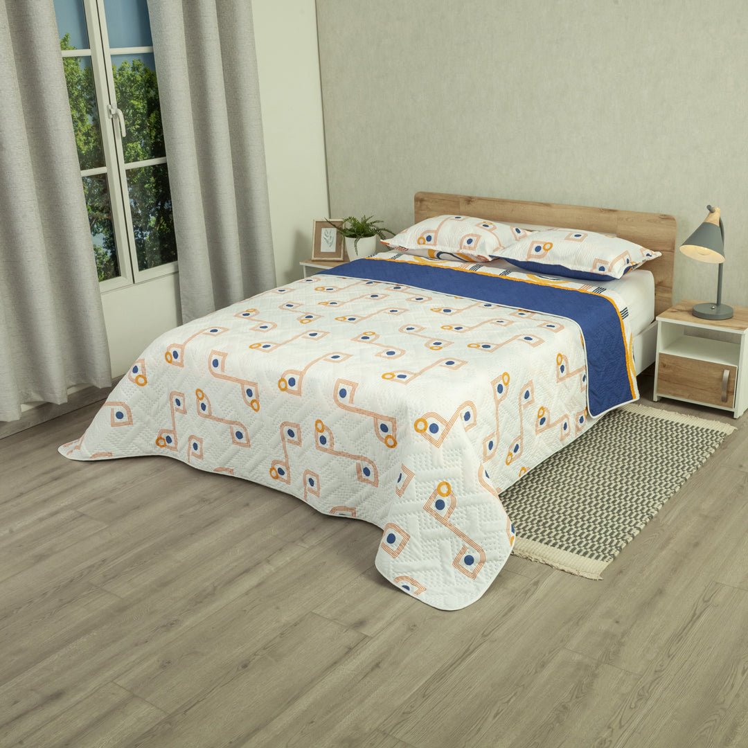 Cubrelecho Doble Faz Style Órbita Blanco y Azul Oscuro para Cama King 200 X 200 Cm de Lineas Y Puntos - TENDIDOS Y CUBRELECHOS | Bylmo