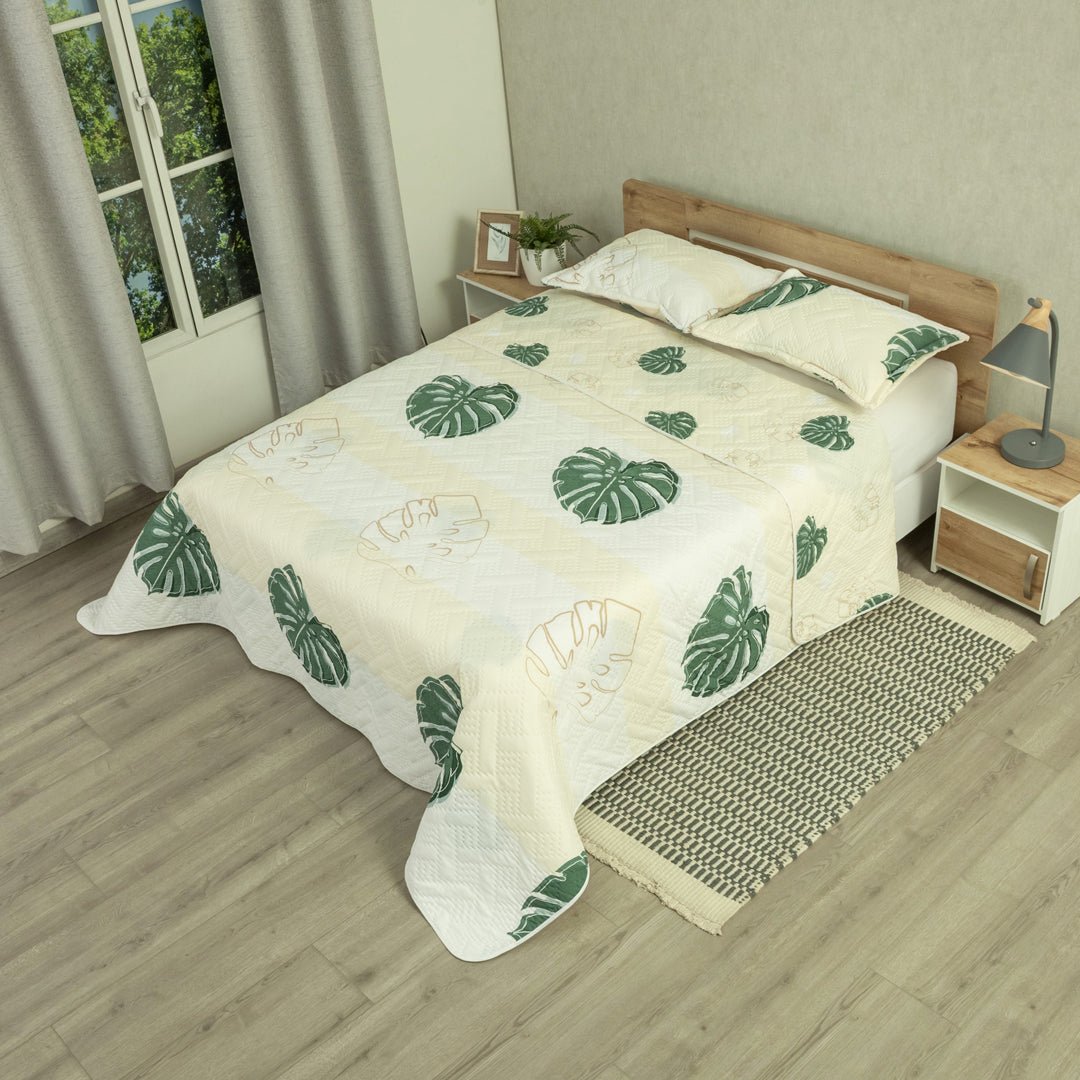 Cubrelecho Doble Faz Style Eco Hojas Blanco y Verde para Cama King 200 X 200 Cm de Hojas - TENDIDOS Y CUBRELECHOS | Bylmo