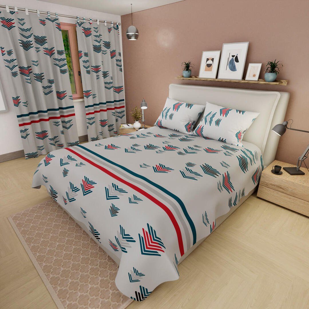 Combo Juego de Sabanas y Cortina Blanco y Rojo para Cama Queen 160 X 190 Cm de Flechas - SABANAS | Bylmo