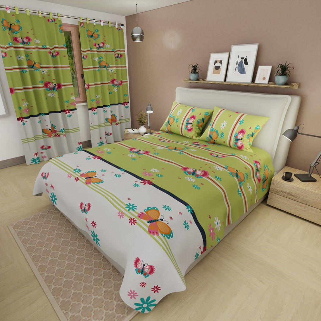 Combo Juego de Sabanas y Cortina Florecer de Ensueño Verde y Blanco para Cama Queen 160 X 190 Cm de Flores Y Mariposas - SABANAS | Bylmo