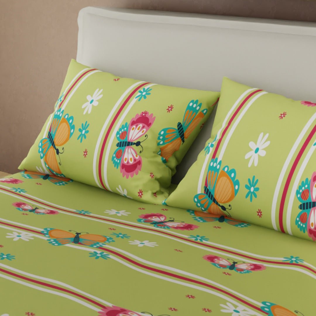 Combo Juego de Sabanas y Cortina Florecer de Ensueño Verde y Blanco para Cama Queen 160 X 190 Cm de Flores Y Mariposas - SABANAS | Bylmo