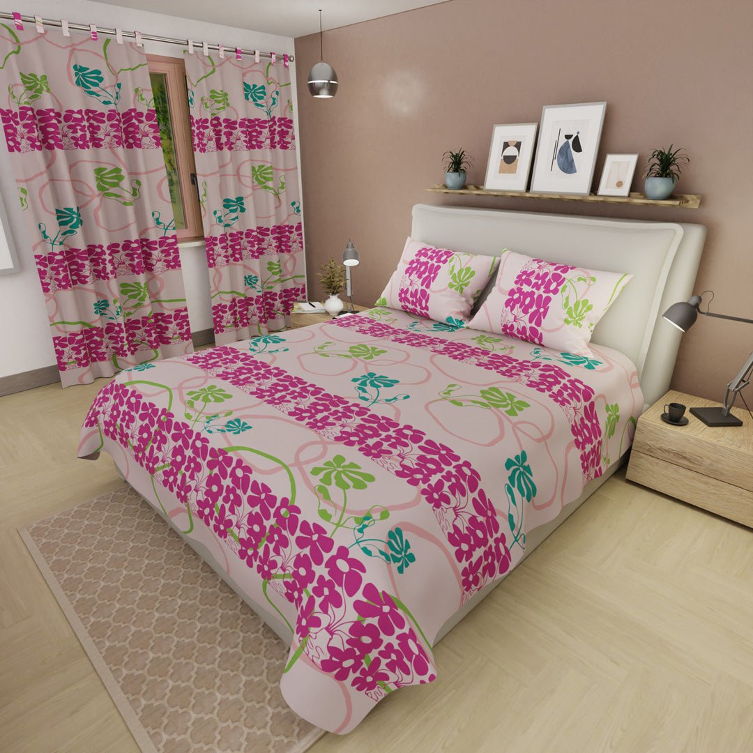 Combo Juego de Sabanas y Cortina Petalia Naranja Rosado y Fucsia para Cama Doble 140 X 190 Cm de Flores - SABANAS | Bylmo