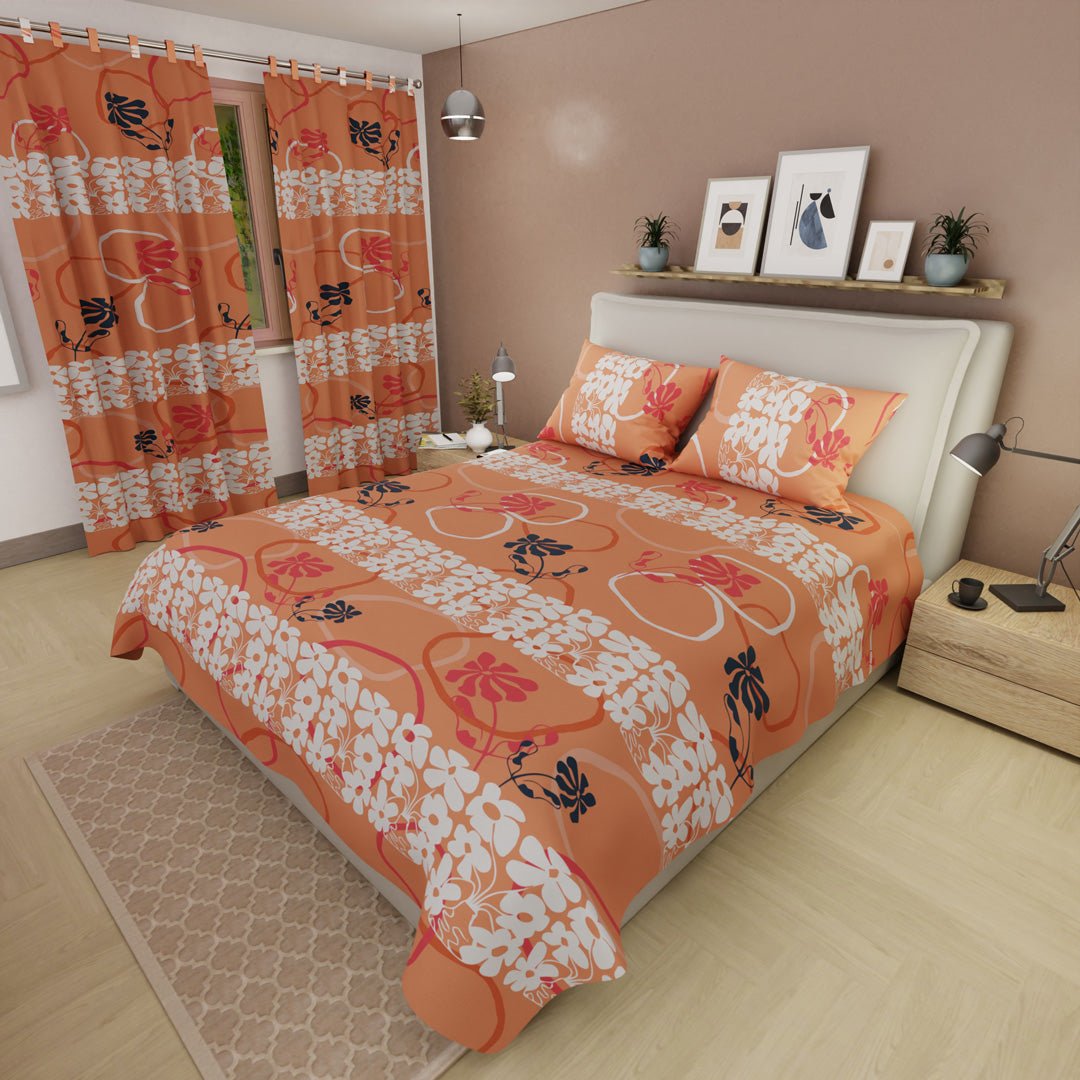 Combo Juego de Sabanas y Cortina Petalia Naranja Naranja y Blanco para Cama Doble 140 X 190 Cm de Flores - SABANAS | Bylmo