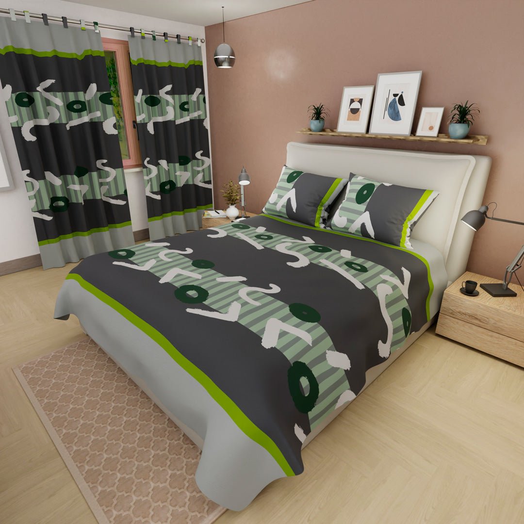 Juego de Sábanas Pinceladas Abstractas Gris Oscuro y Verde para Cama Queen 160 X 190 Cm de Figuras Abstractas - SABANAS | Bylmo