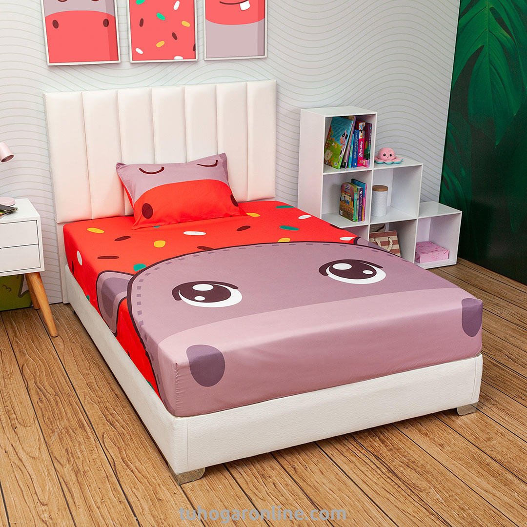 Sábana Infantil Zoo Naranja y Morado para Cama Doble 140 X 190 Cm de Hipopotamo - SABANAS | Bylmo