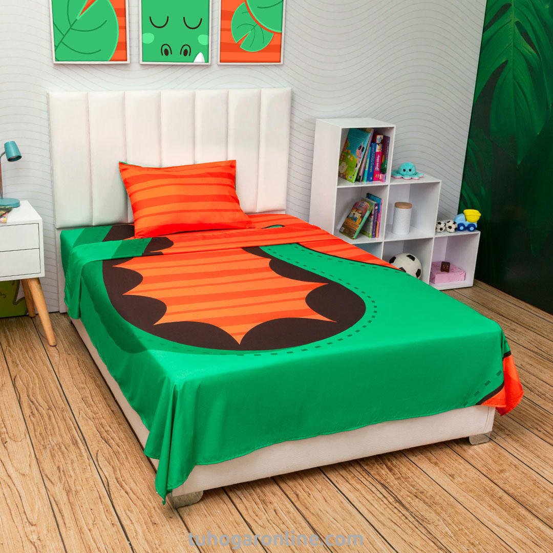 Sábana Infantil Zoo Naranja y Verde para Cama Semidoble 120 X 190 Cm de Cocodrilo - SABANAS | Bylmo