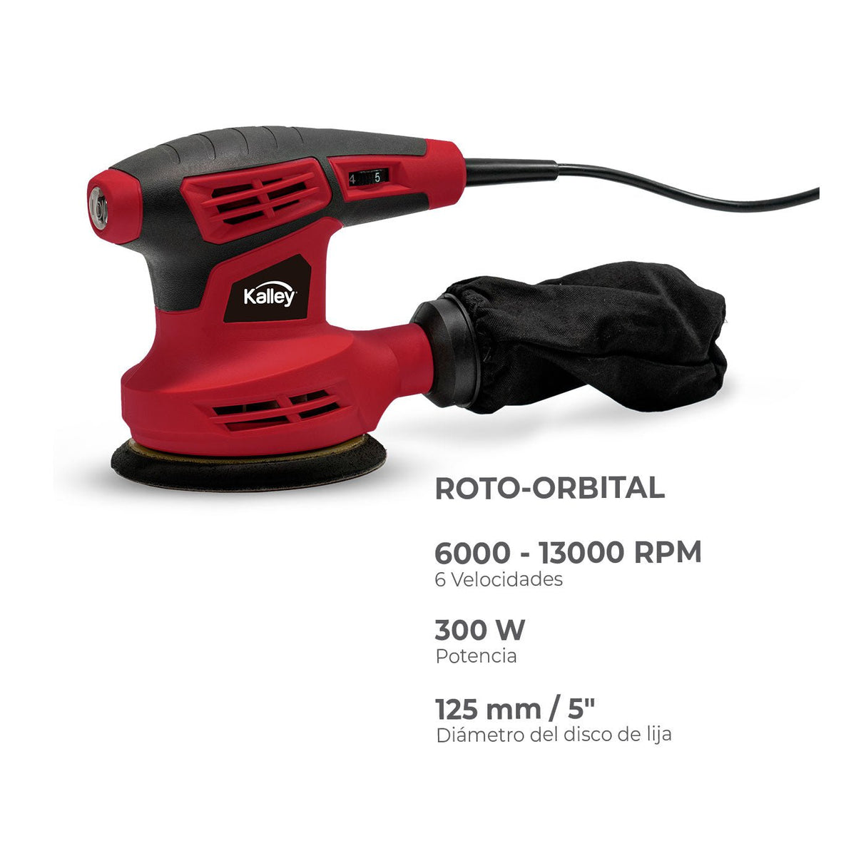 Lijadora Kalley Rojo y Negro 18x15cm RotoOrbital con Bolsa Antipolvo - HERRAMIENTAS ELECTRICAS | Bylmo