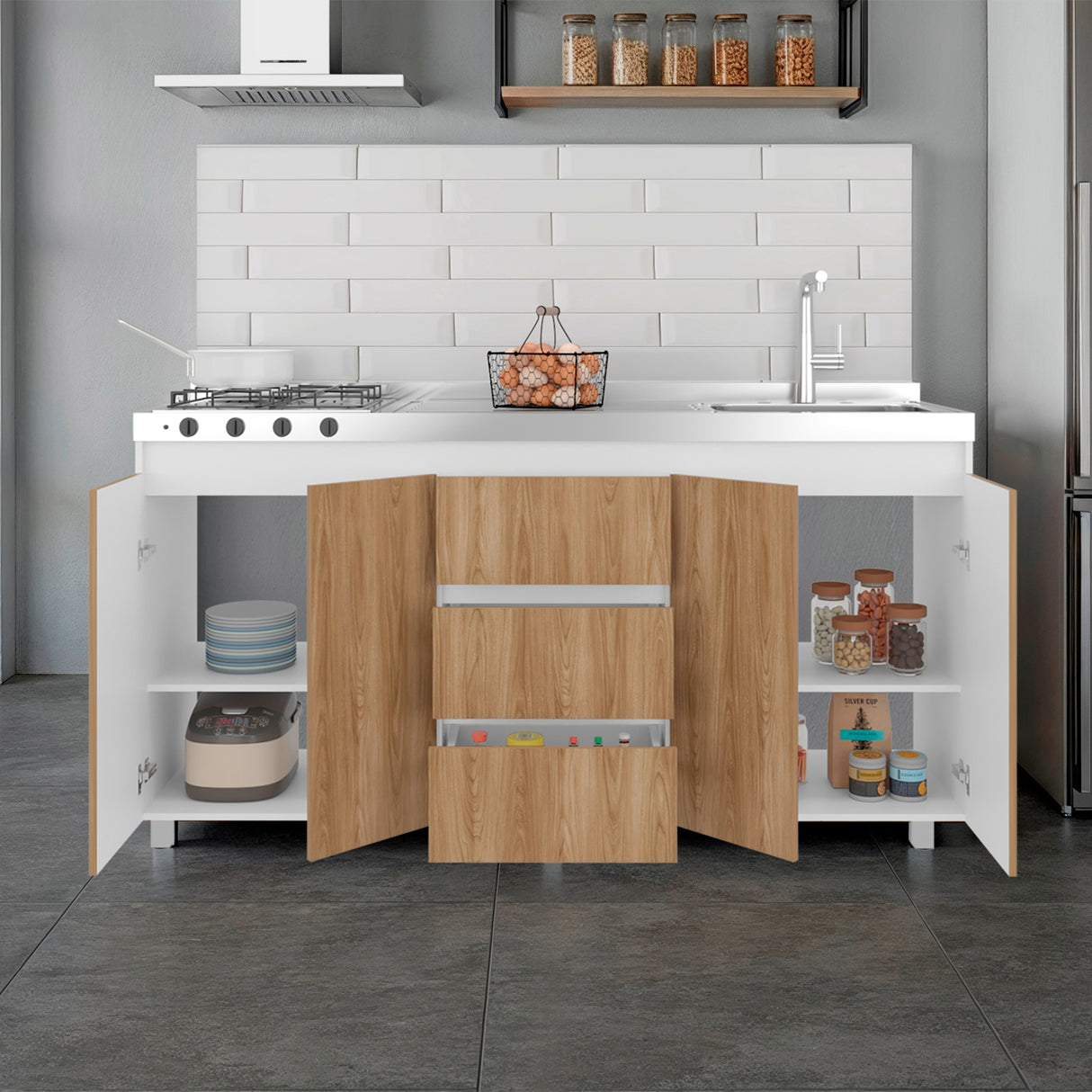 Mueble Inferior de Cocina Boreal Blanco Marquez y Fresno Europeo 179.9x89.5cm sin Mesón y Sin Estufa - MUEBLES INFERIORES DE COCINA | Bylmo