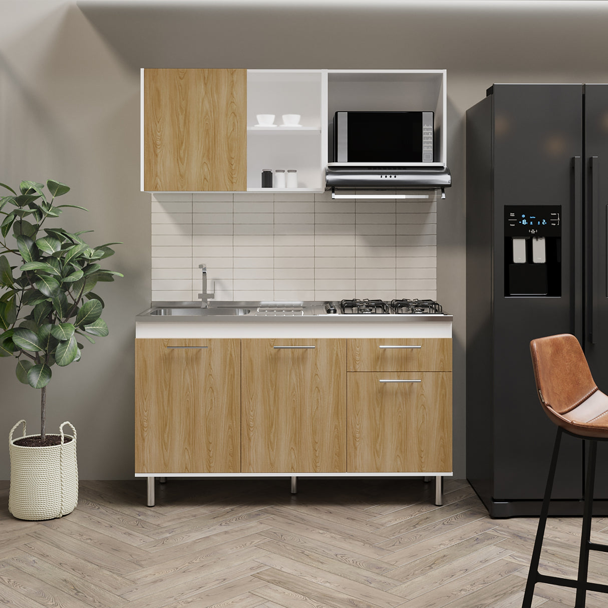 Cocina Sedona Blanco Marquez y Fresno Europeo 150x60cm sin Mesón y sin Estufa - COCINAS | Bylmo