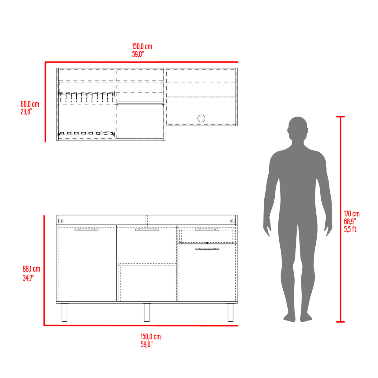 Cocina Sedona Blanco Marquez y Fresno Europeo 150x60cm sin Mesón y sin Estufa - COCINAS | Bylmo