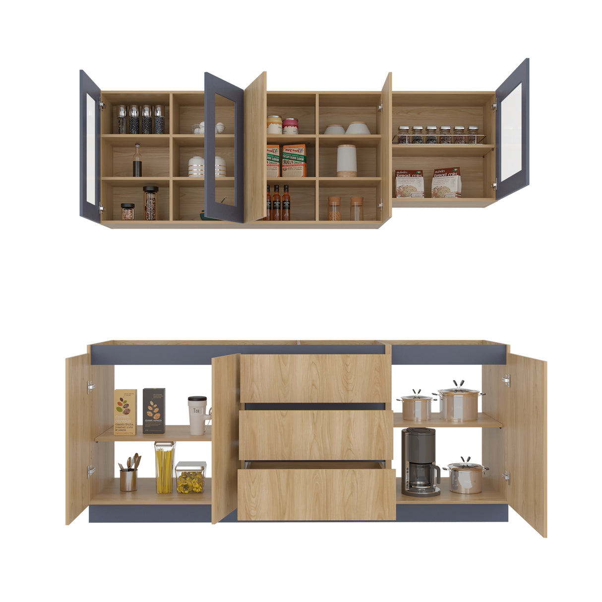 Cocina Solana Fresno Europeo y Azul Marino 210x70cm sin Mesón y sin Estufa - COCINAS | Bylmo