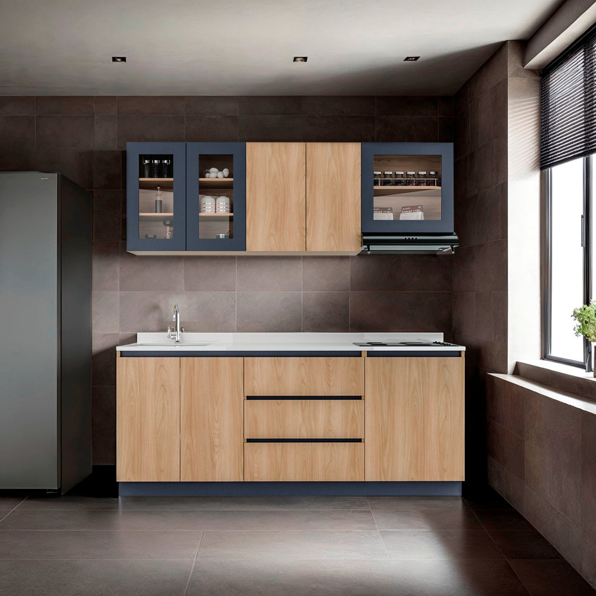 Cocina Solana Fresno Europeo y Azul Marino 210x70cm sin Mesón y sin Estufa - COCINAS | Bylmo