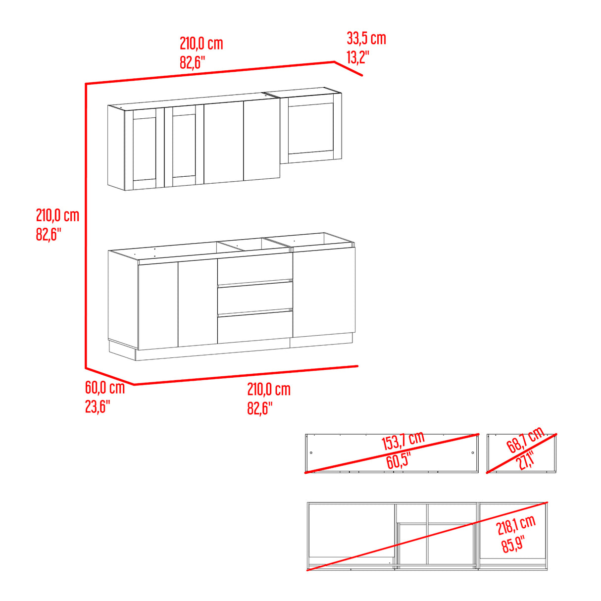 Cocina Solana Fresno Europeo y Azul Marino 210x70cm sin Mesón y sin Estufa - COCINAS | Bylmo