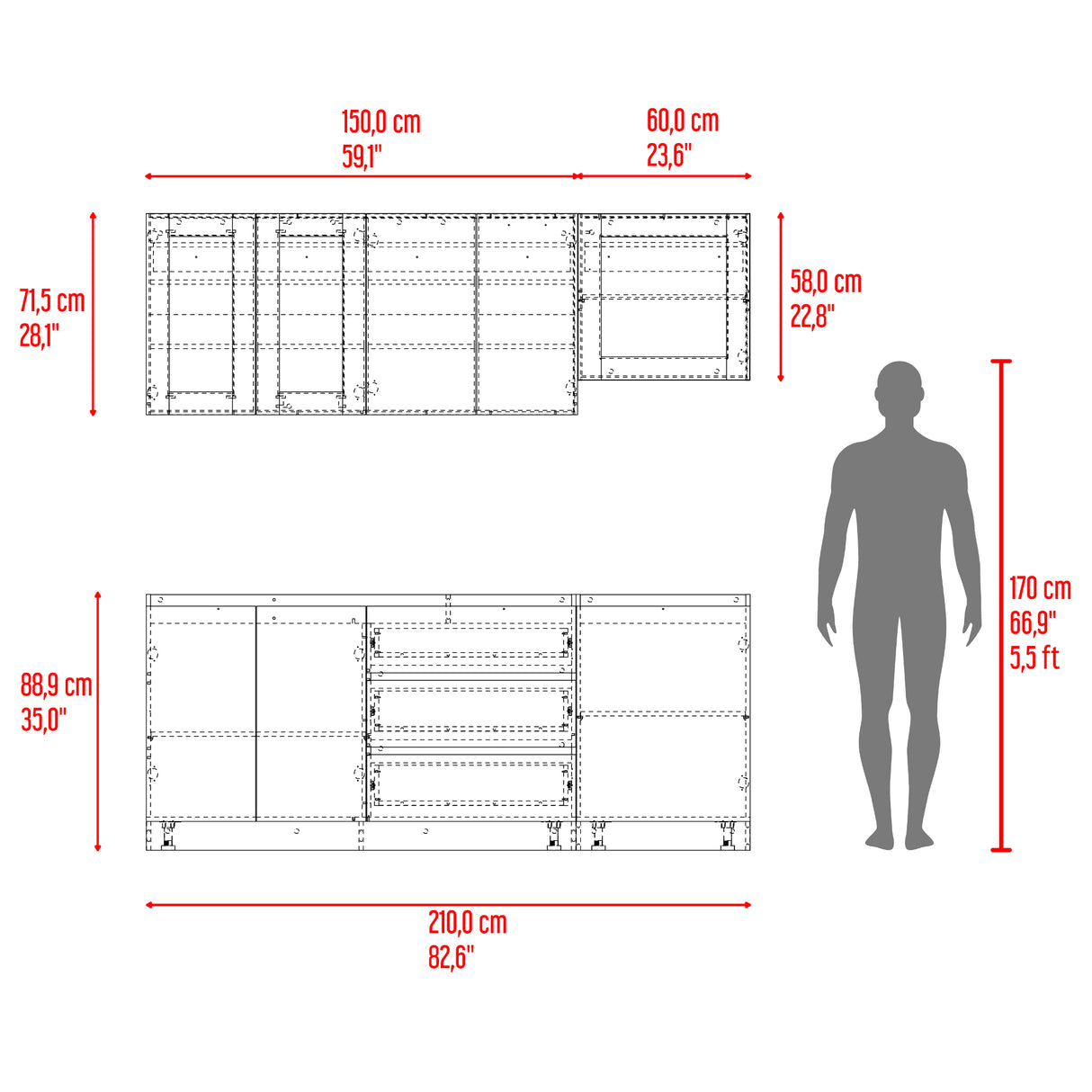 Cocina Solana Fresno Europeo y Azul Marino 210x70cm sin Mesón y sin Estufa - COCINAS | Bylmo