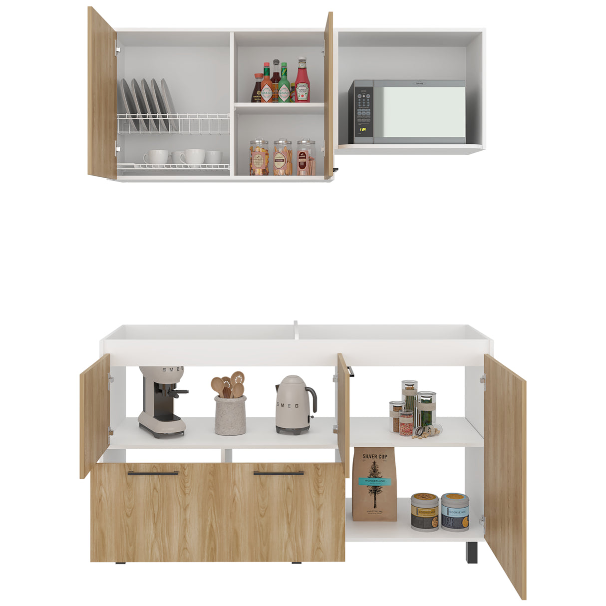 Cocina Pacific Blanco Marquez y Fresno Europeo 150x60cm sin Mesón y sin Estufa - COCINAS | Bylmo