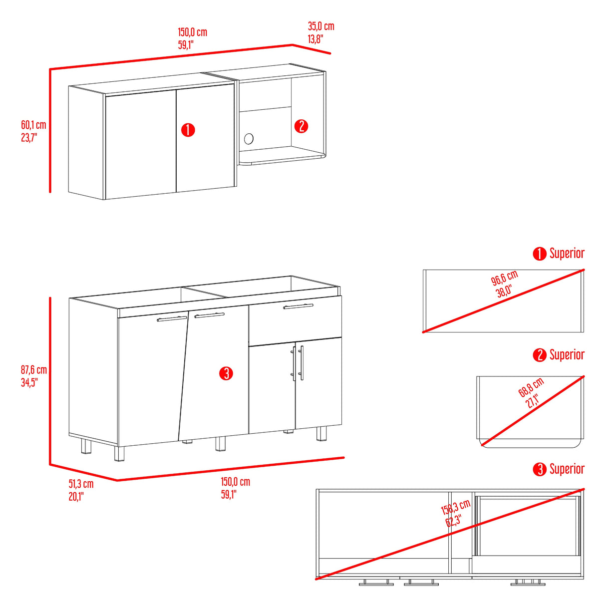 Cocina Emilia Fresno Europeo y Wengue 150x60.1cm sin Mesón y sin Estufa - COCINAS | Bylmo