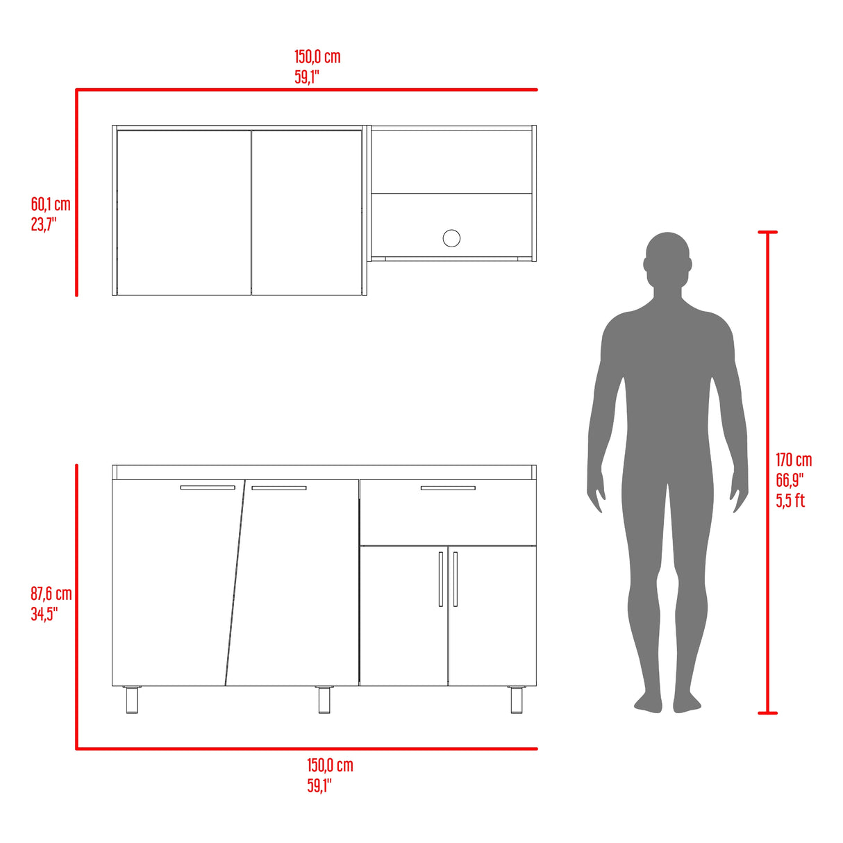 Cocina Emilia Fresno Europeo y Wengue 150x60.1cm sin Mesón y sin Estufa - COCINAS | Bylmo