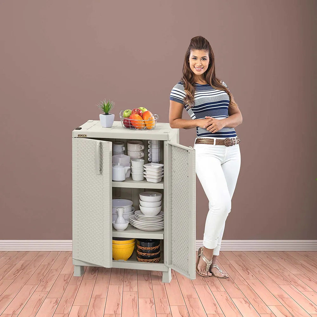 Combo Armario Rimax Rattan Taupe 65x189cm Con Seis Compartimientos y con Patas - BARRAS Y MUEBLES AUXILIARES | Bylmo