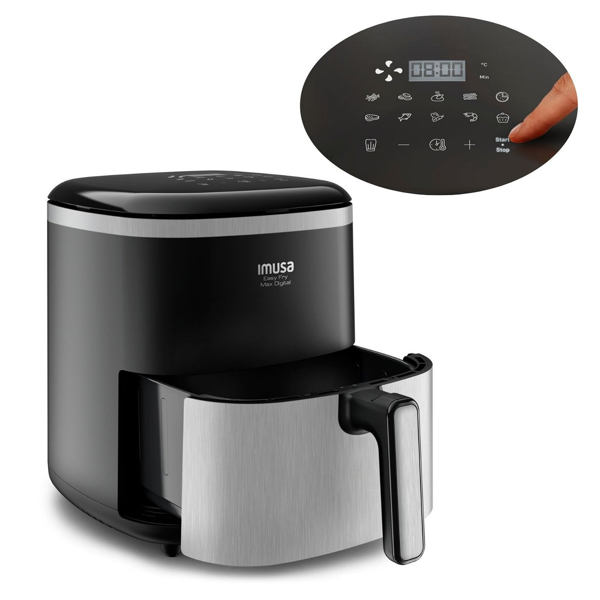 Freidora de Aire Imusa Max Negro y Plateado 24.7x29.6cm de 5 Litros con Pantalla Digital y 10 Funciones - FREIDORAS DE AIRE | Bylmo