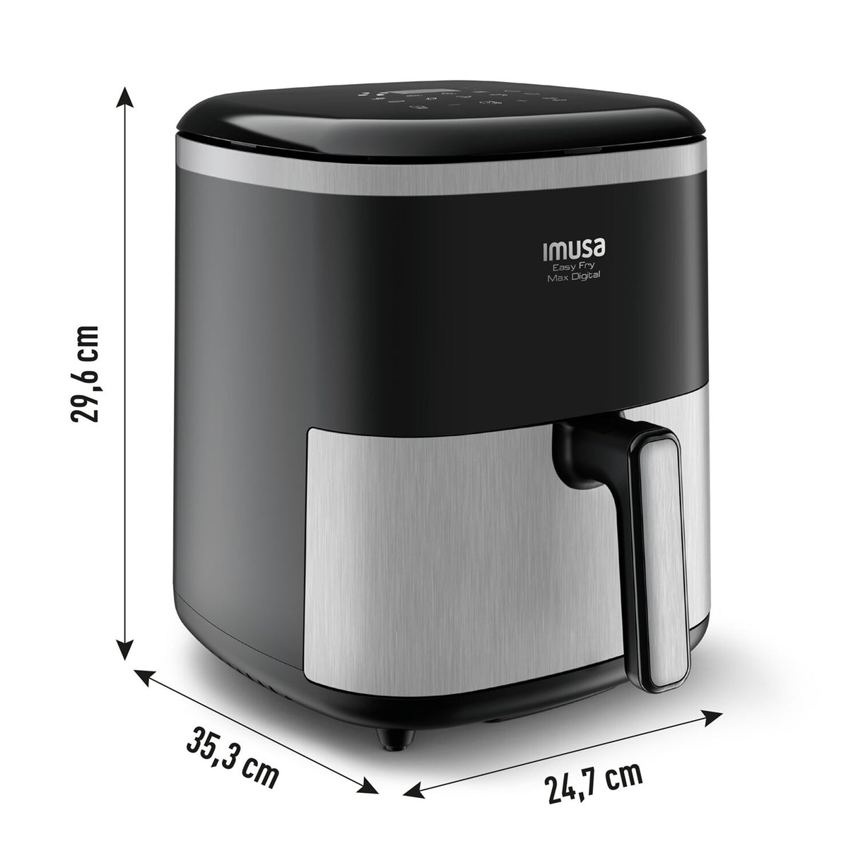 Freidora de Aire Imusa Max Negro y Plateado 24.7x29.6cm de 5 Litros con Pantalla Digital y 10 Funciones - FREIDORAS DE AIRE | Bylmo