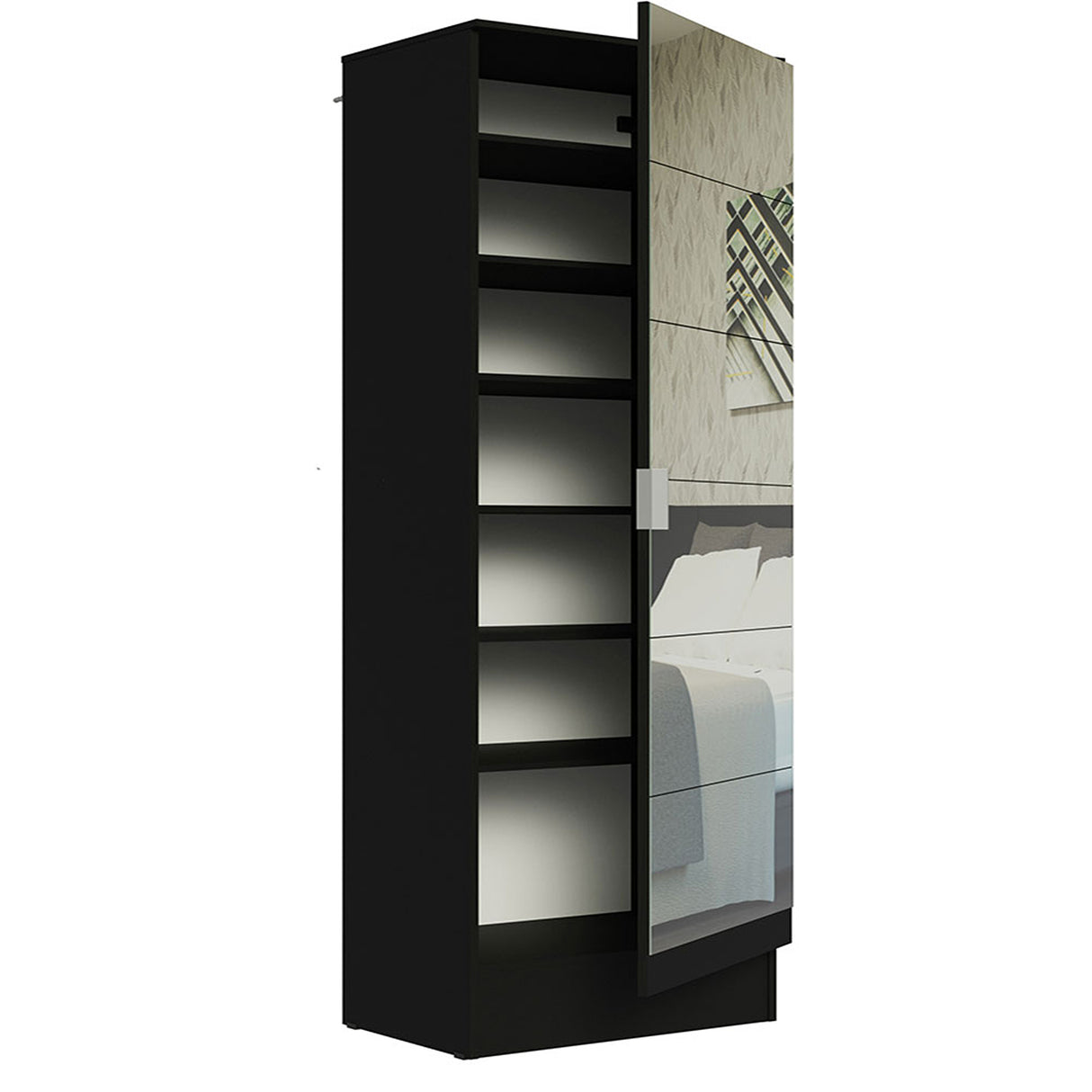 Zapatero Isis Negro 60x182cm Vertical de Siete Niveles con Espejo