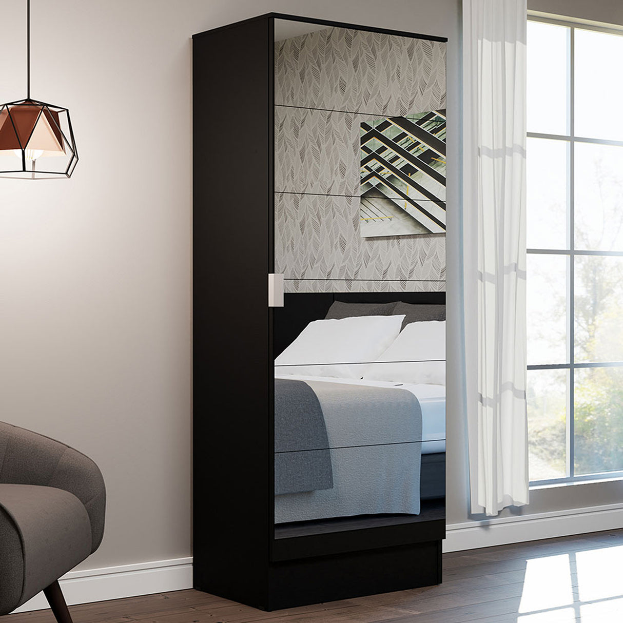 Zapatero Isis Negro 60x182cm Vertical de Siete Niveles con Espejo