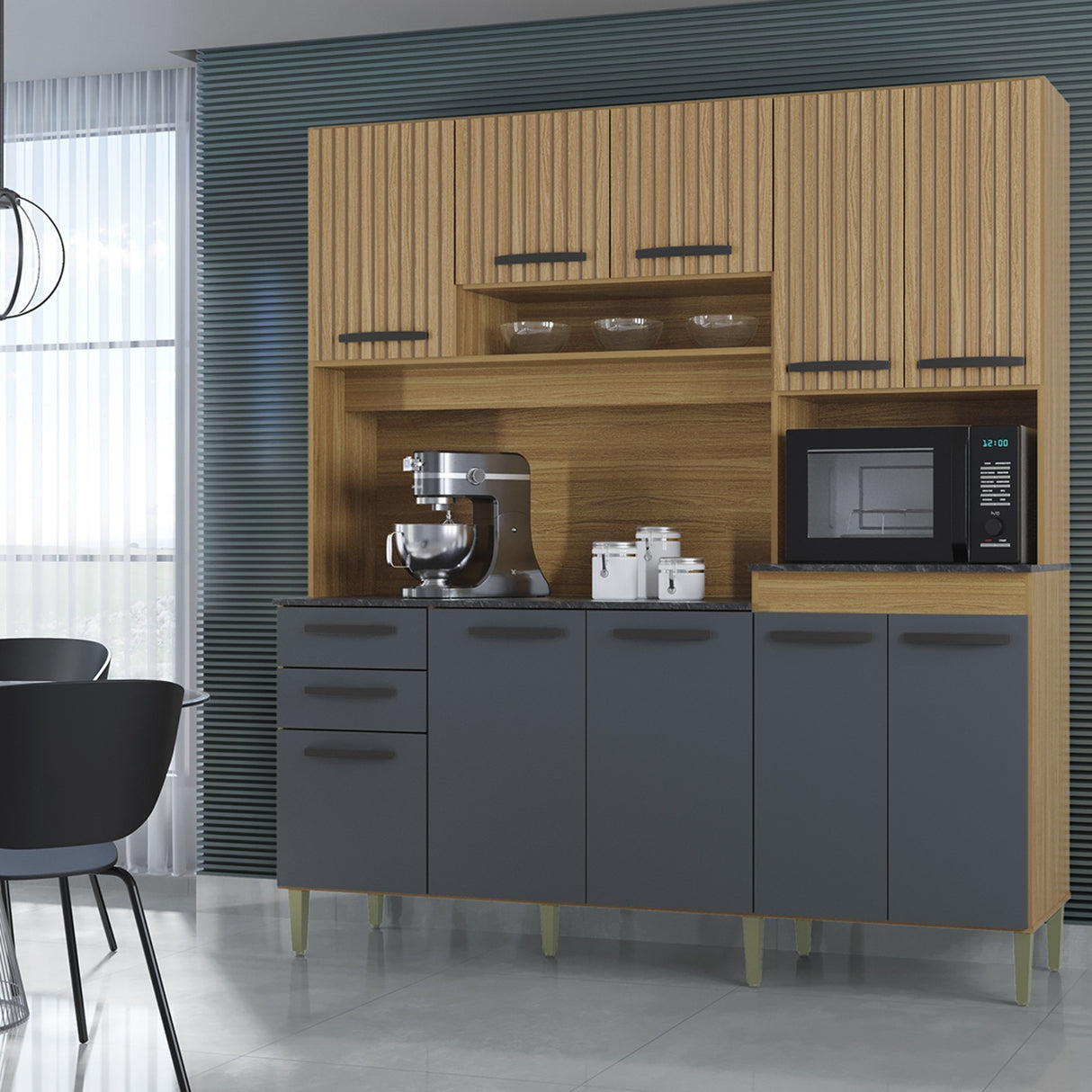 Alacena Elisa Castaño y Gris 180x200cm con Nueve Puertas y con Dos Cajones