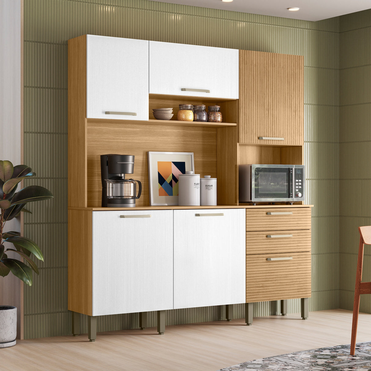 Alacena Ferrara Castaño y Blanco 180x198cm con Seis Puertas y con Un Cajón - ALACENAS Y MUEBLES MICROONDAS | Bylmo