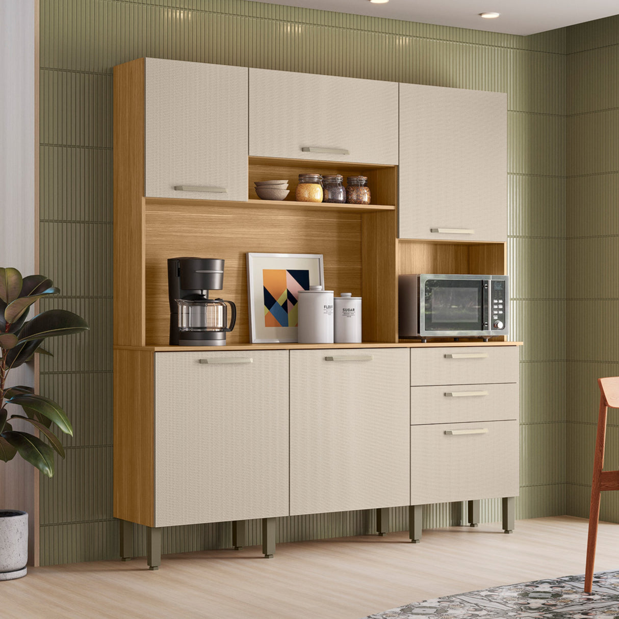 Alacena Ferrara Castaño y Beige 180x198cm con Seis Puertas y con Un Cajón - ALACENAS Y MUEBLES MICROONDAS | Bylmo