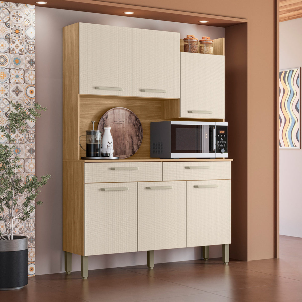 Alacena Moderna Castaño y Beige 132x186cm con Seis Puertas y con Dos Cajones