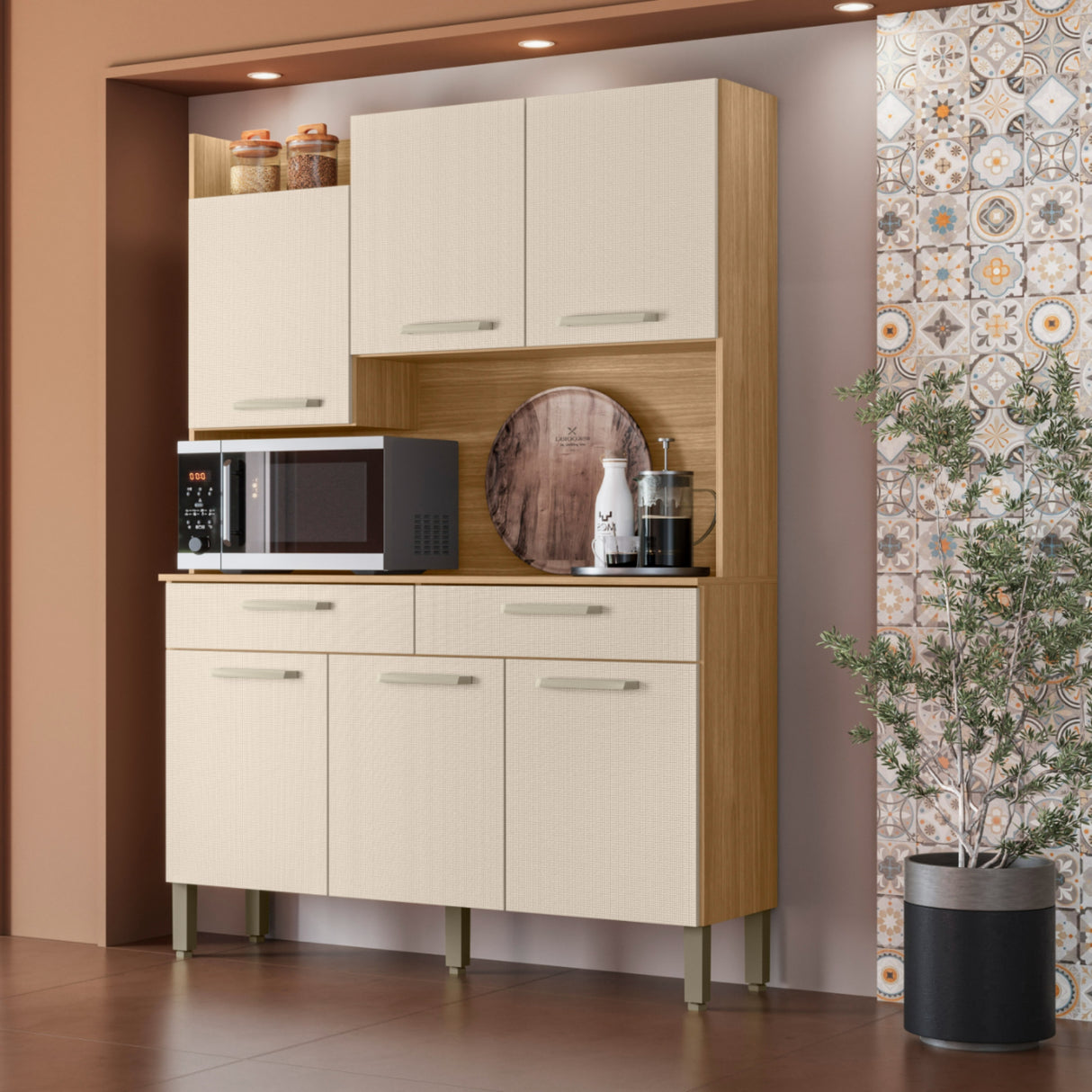 Alacena Moderna Castaño y Beige 132x186cm con Seis Puertas y con Dos Cajones