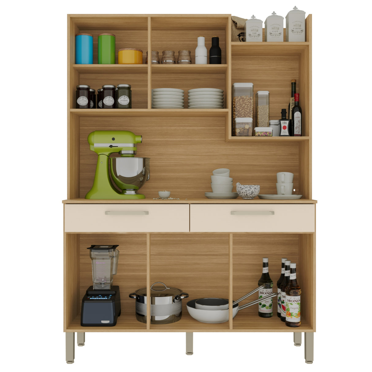 Alacena Moderna Castaño y Beige 132x186cm con Seis Puertas y con Dos Cajones