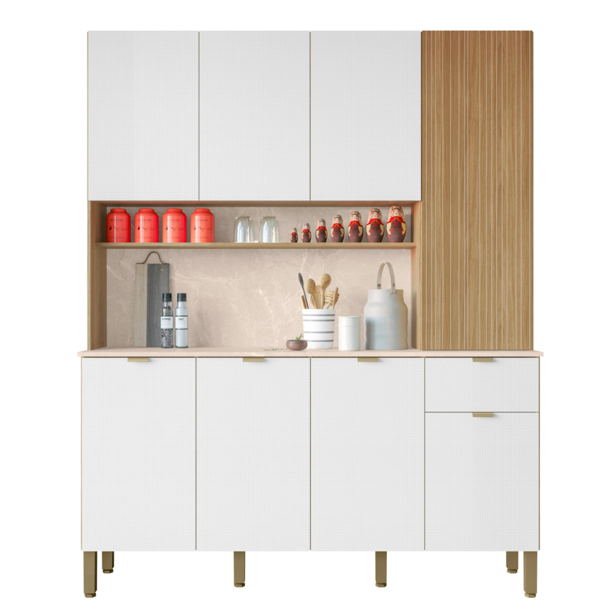 Alacena Slow Castaño y Blanco 200x161cm con Ocho Puertas y con Un Cajón