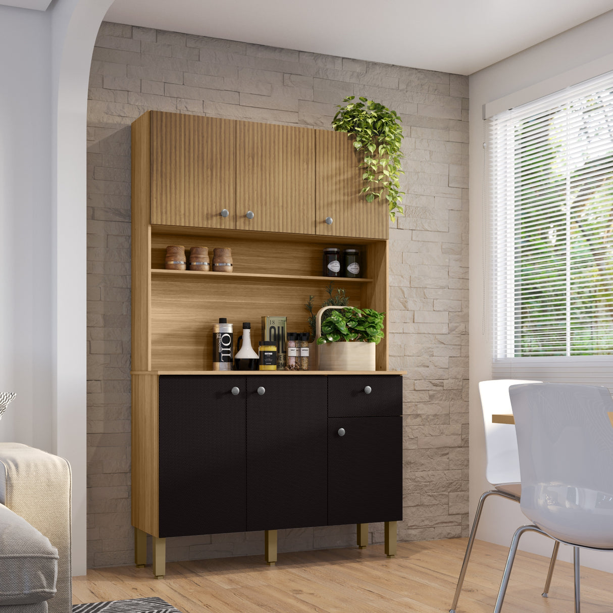 Alacena Style Castaño y Negro 111x185cm con Seis Puertas y con Un Cajón - ALACENAS Y MUEBLES MICROONDAS | Bylmo