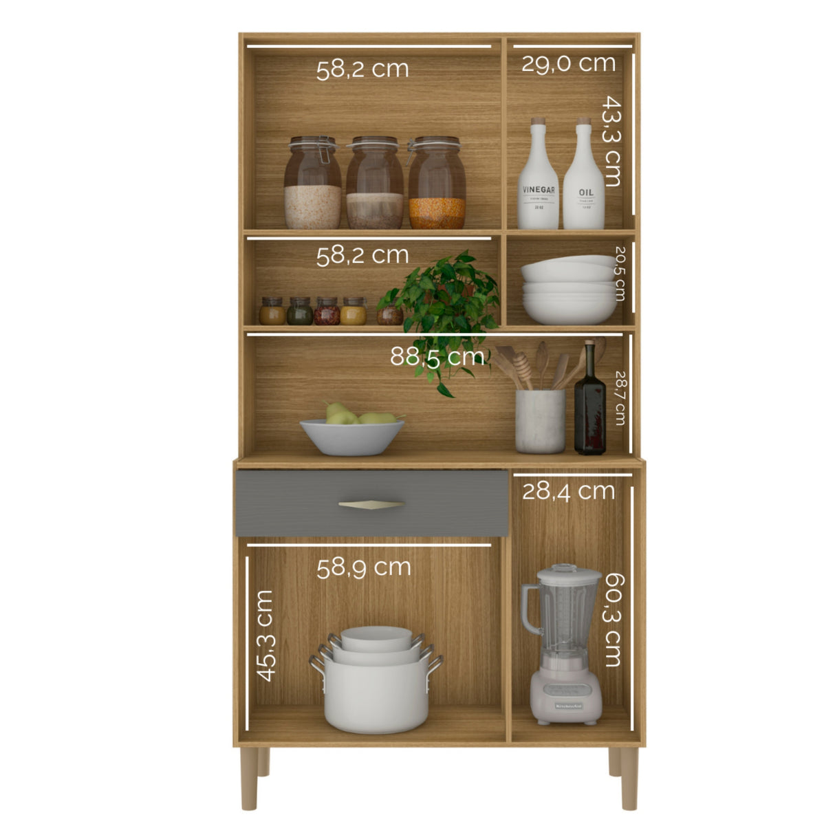Alacena Juri Castaño y Gris 90x173cm con Seis Puertas y con Un Cajón - ALACENAS Y MUEBLES MICROONDAS | Bylmo